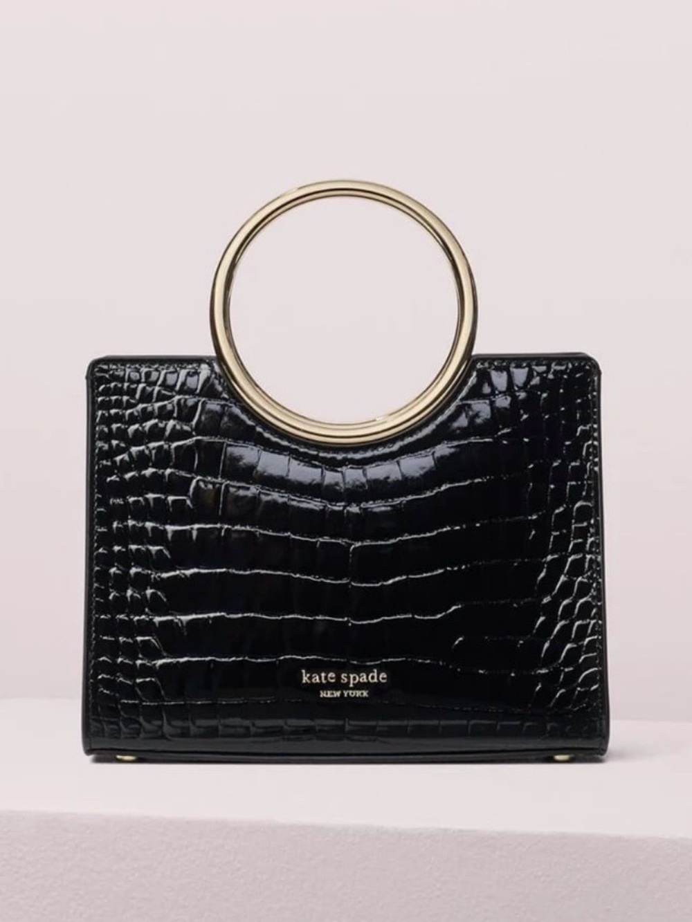 kate spade sam black leather croc-embossed mini satchel bag with bracelet handle